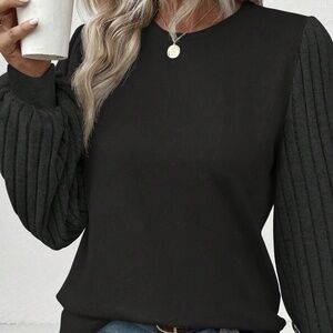 Black Contrast Ribbed Bishop Sleeve Top‎
